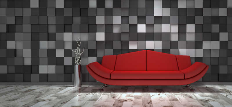 红色沙发后的黑白灰方格墙壁