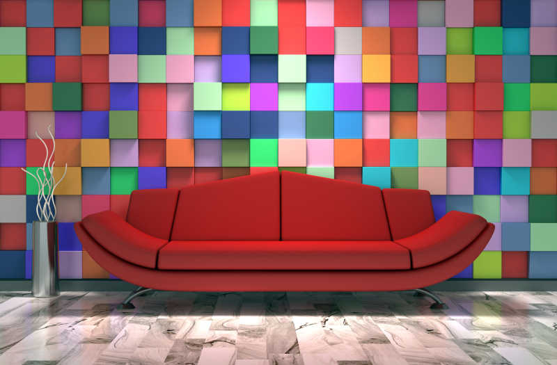 红色沙发后的多彩方格墙壁