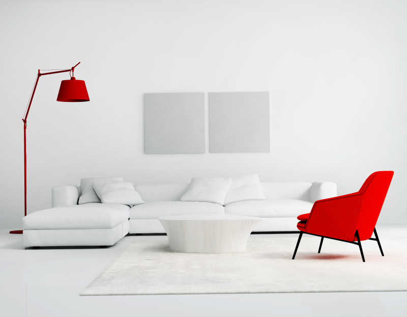 白色客厅里红色的椅子