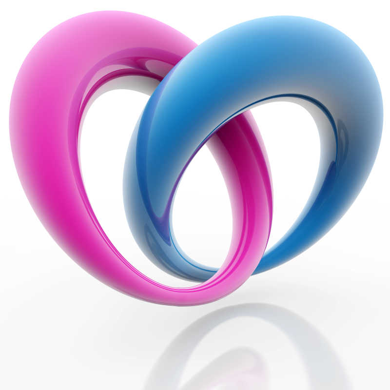 白色背景上交织在一起的蓝色和粉色环状符号
