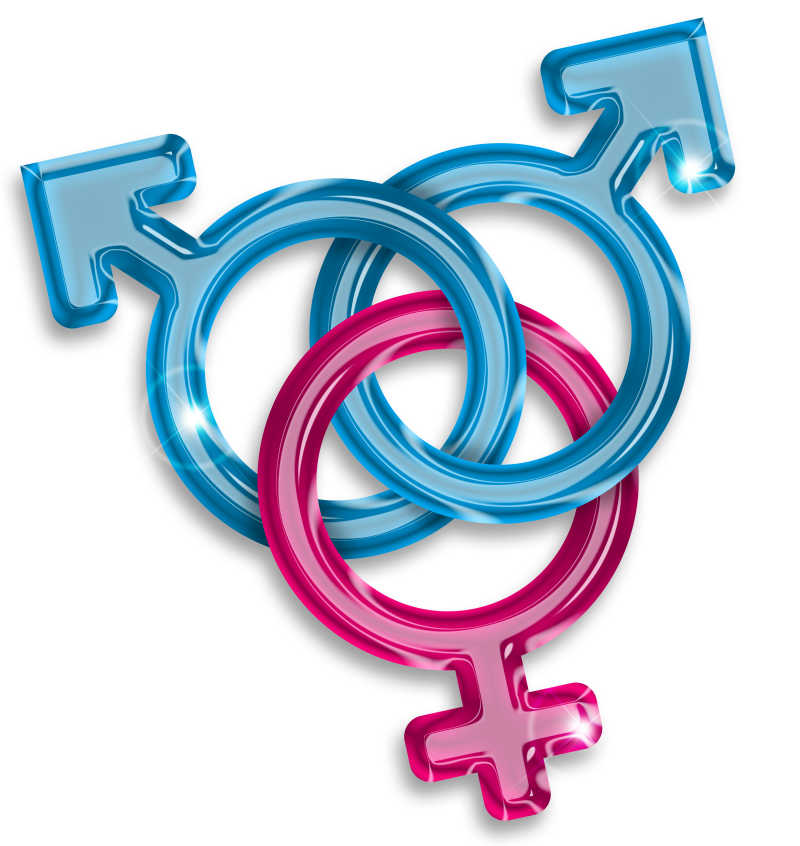 白色背景上交织在一起的蓝色和粉色的男女性别符号