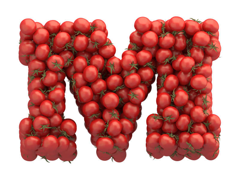 白色背景上西红柿组成M字母