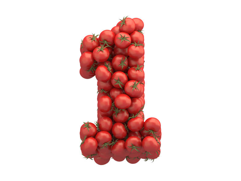 白色背景上西红柿组成的数字1
