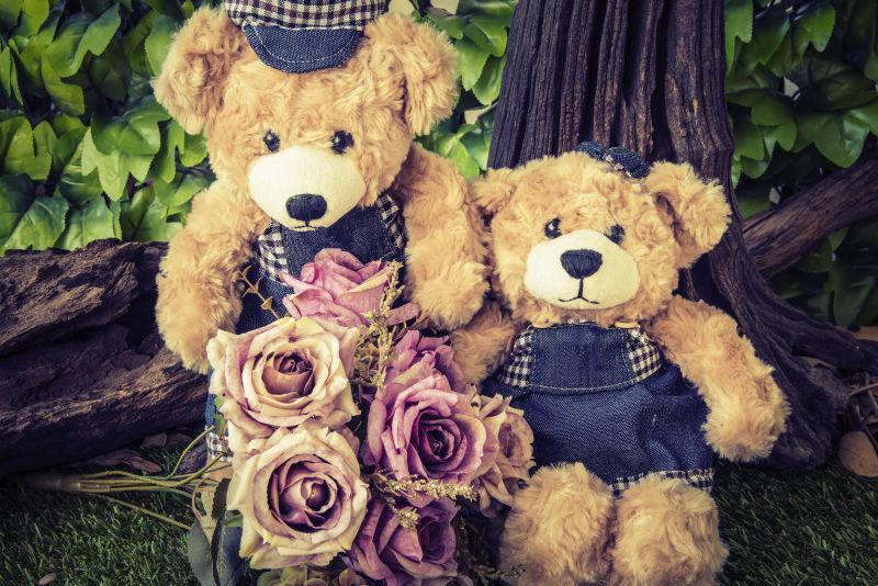 花园里的一对泰迪熊玩偶和玫瑰花
