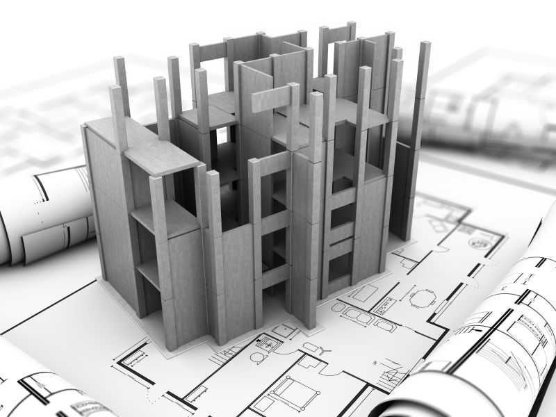 设计图纸上的3d房屋建筑模型设计
