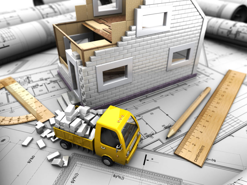 3d黄色卡车与住宅模型
