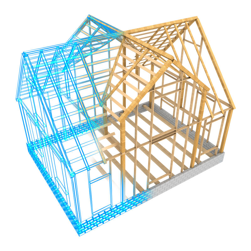 白色背景下的3d房屋框架模型