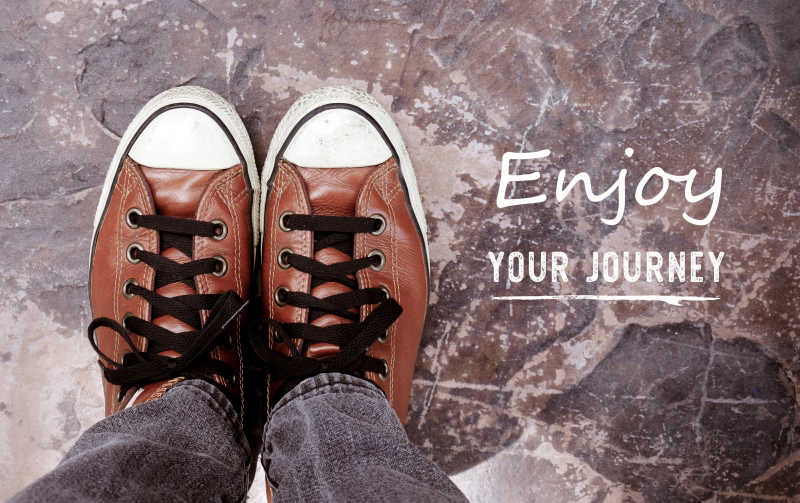 享受你的旅途概念背景图上穿着牛仔裤和棕色鞋子的脚