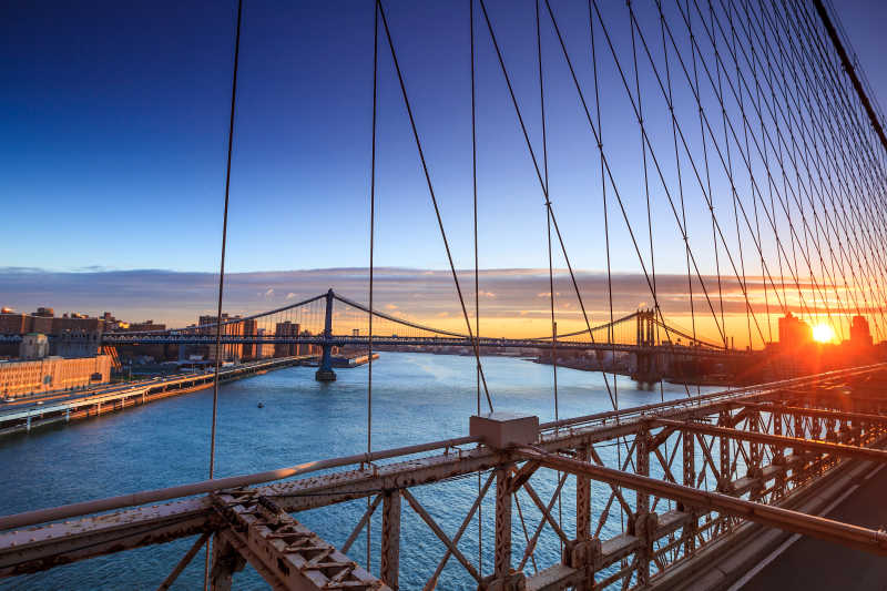 黄昏下的纽约曼哈顿日落布鲁克林大桥