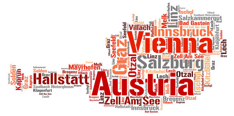 白色背景前奥地利旅游地名单词