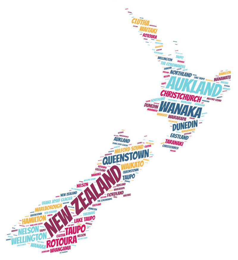 白色背景前新西兰旅游对面单词
