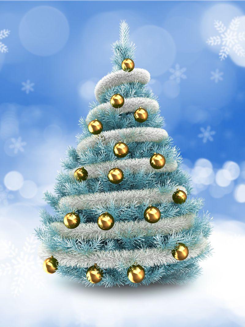 天蓝色带着雪花背景下的蓝色圣诞树创意