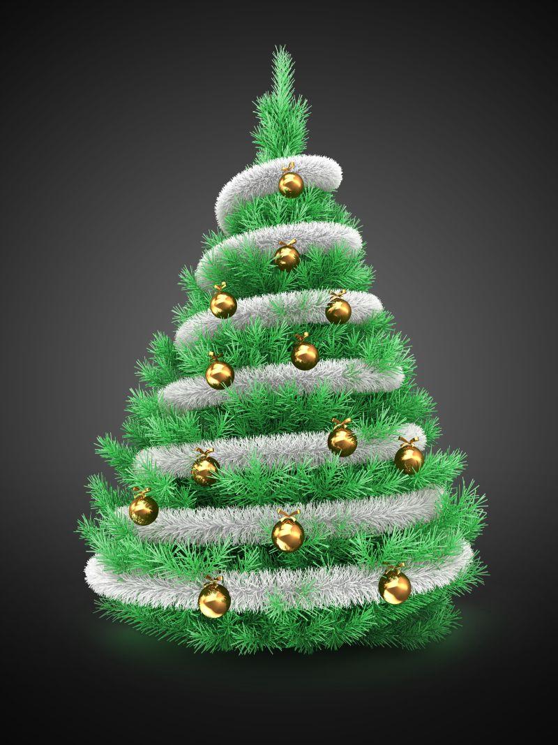 黑色背景下围绕着白色绳和金色球的浅绿色圣诞树创意