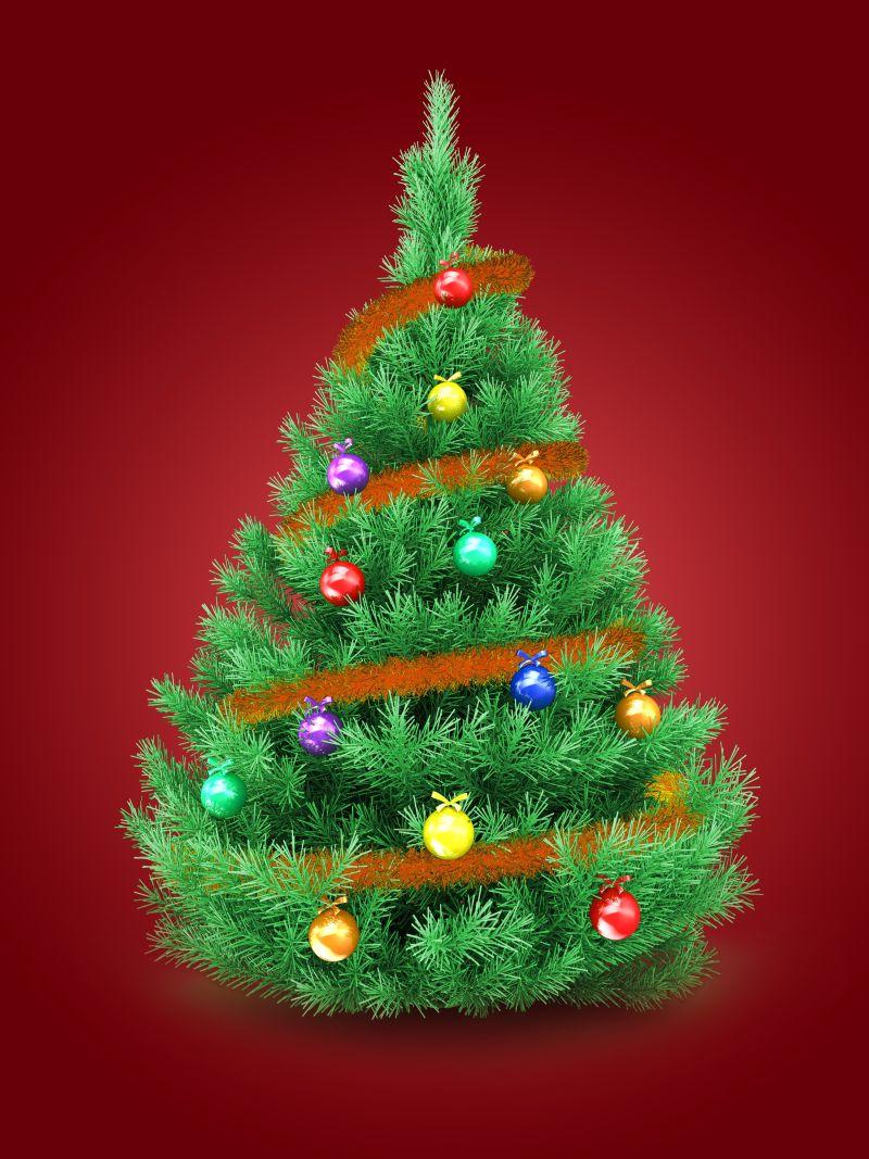 红色背景下围绕着红色绳和不同颜色球的美丽的圣诞树创意