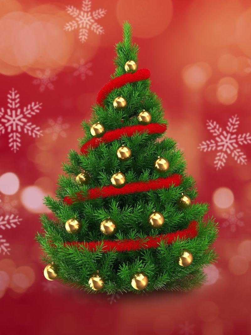 红色背景下美丽的圣诞树插画