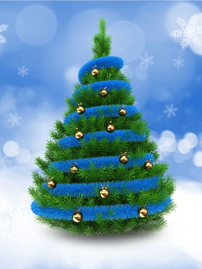 天蓝色背景下围绕蓝色绳和金球的美丽圣诞树创意