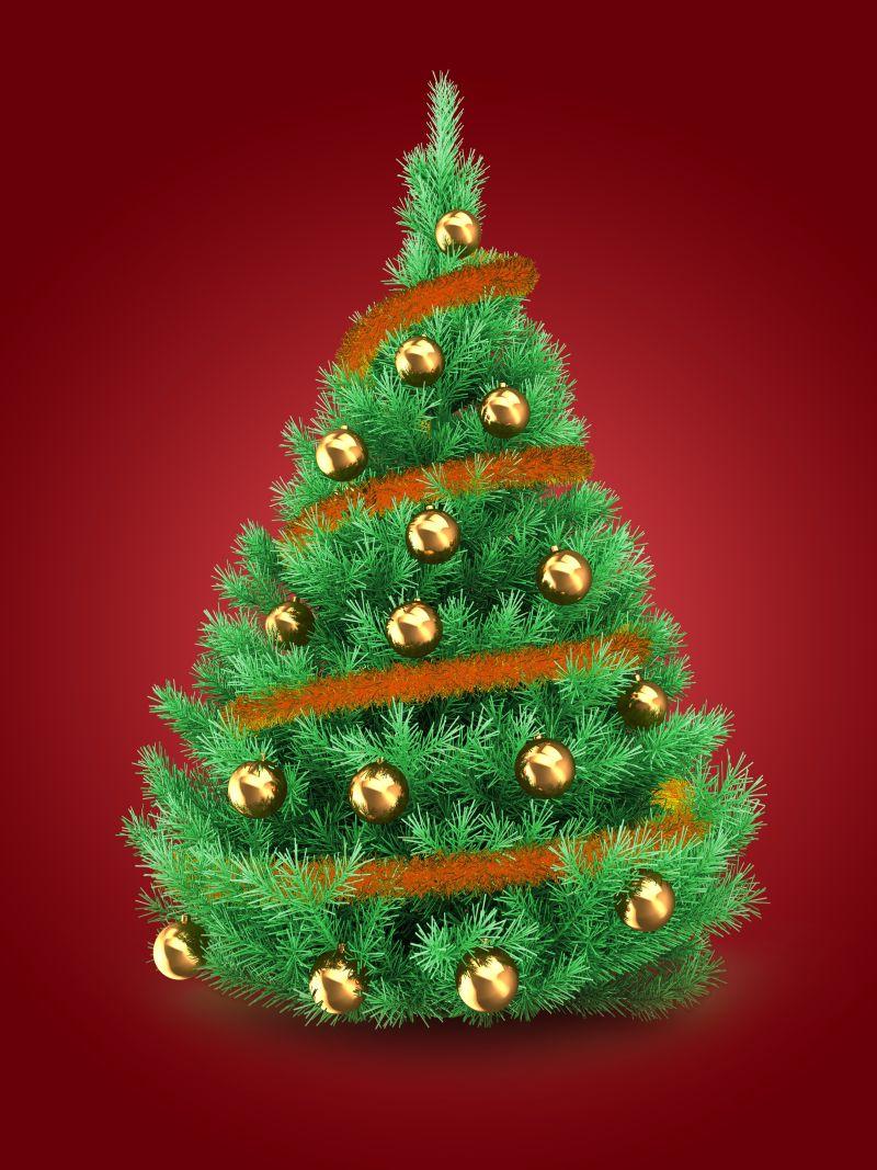红色背景下绿色圣诞树创意插画