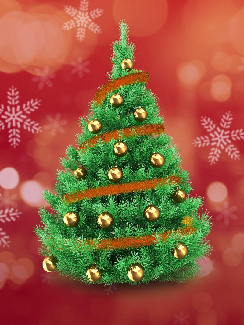 红色朦胧雪花背景下的绿色圣诞树创意插画