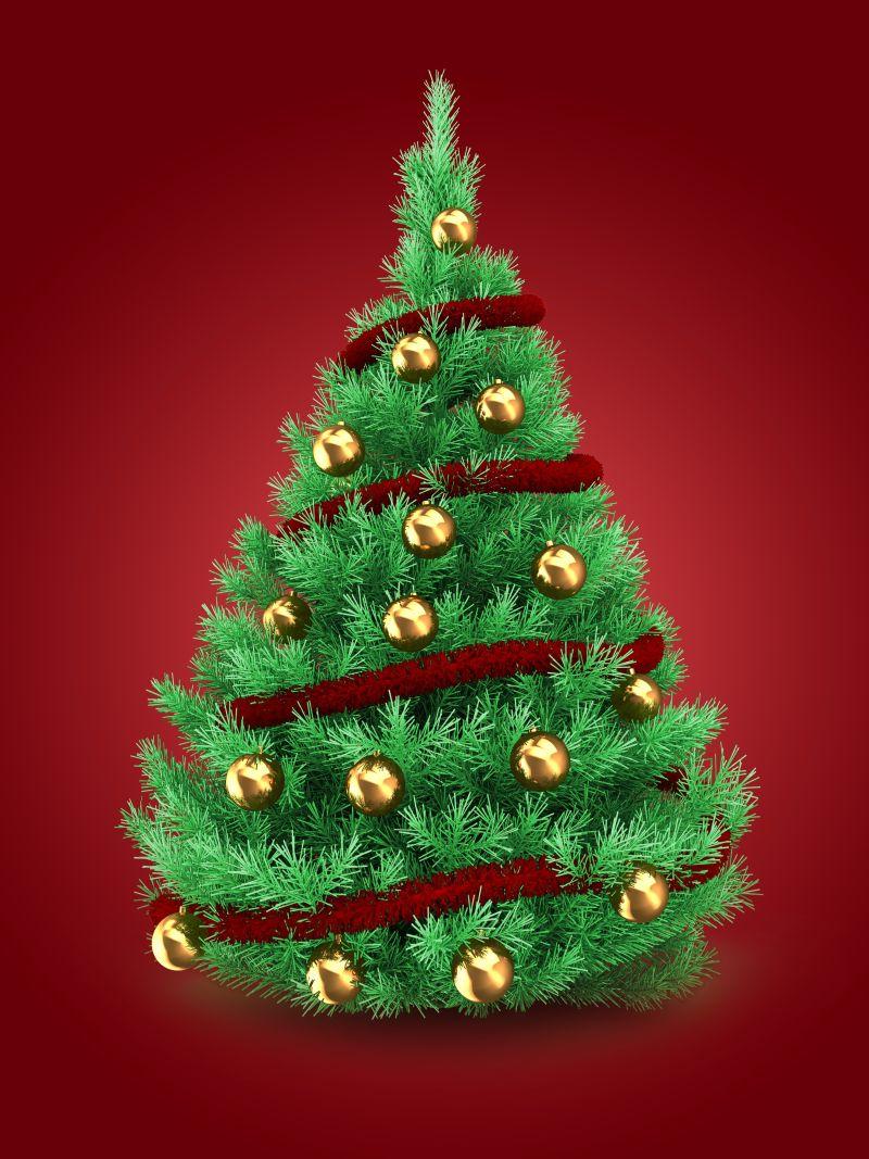红色背景下漂亮的嫩绿色圣诞树创意