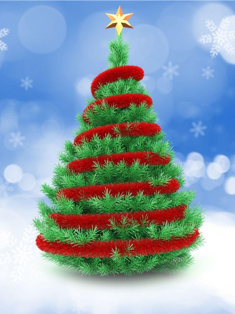 蓝色背景下围绕红绳的绿色圣诞树设计