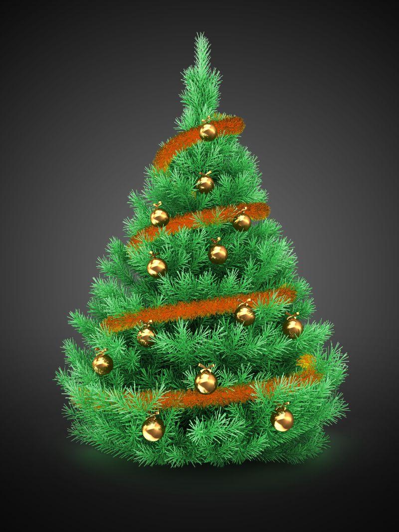 黑色背景下围绕橘色绳和小球的美丽圣诞树