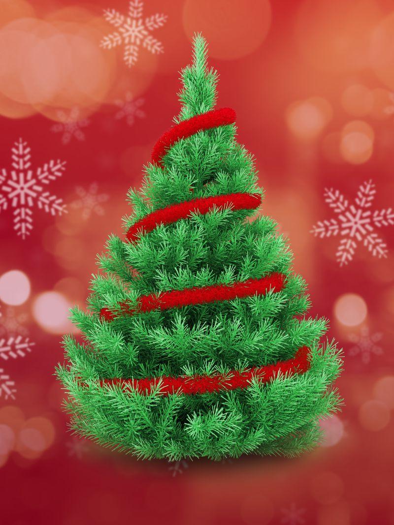 红色背景下飘雪的绿色立体圣诞树插画创意