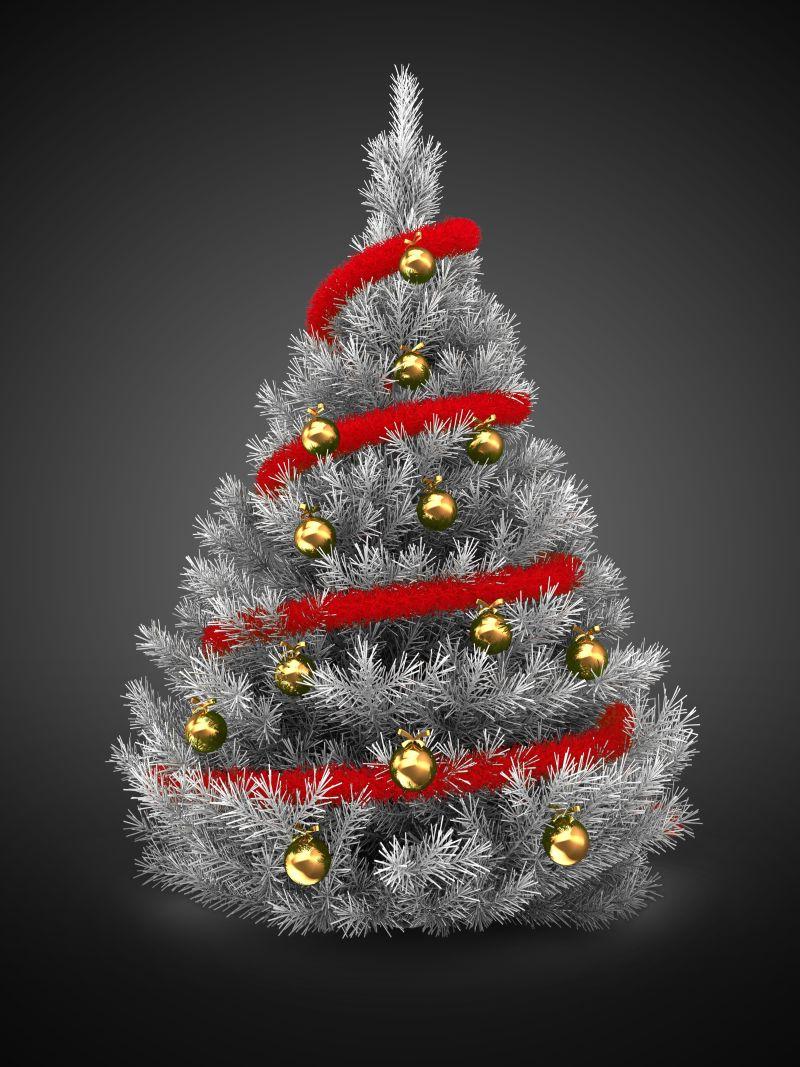黑色背景下围绕红绳的白色圣诞树