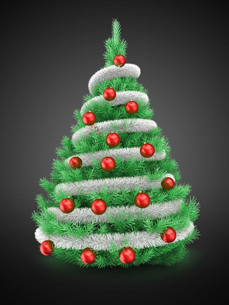 黑色背景下翠绿色的点缀着红色球的美丽的圣诞树创意