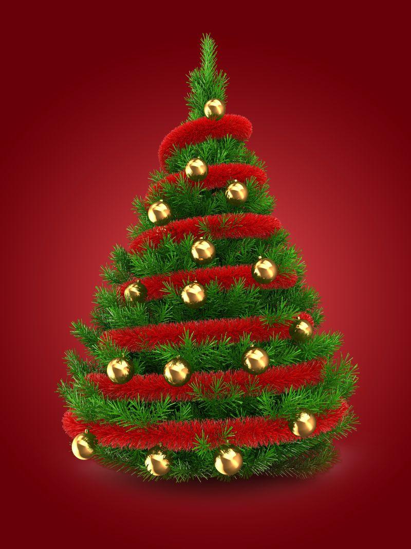 红色背景下围绕着红色带着铃铛的丝带的美丽的圣诞树插画