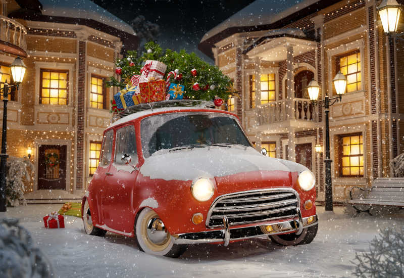 圣诞节户外红色复古车和圣诞树