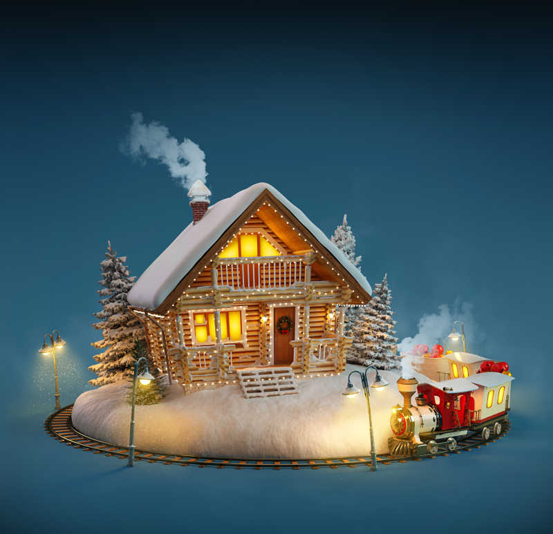 卡通圣诞节房屋和火车