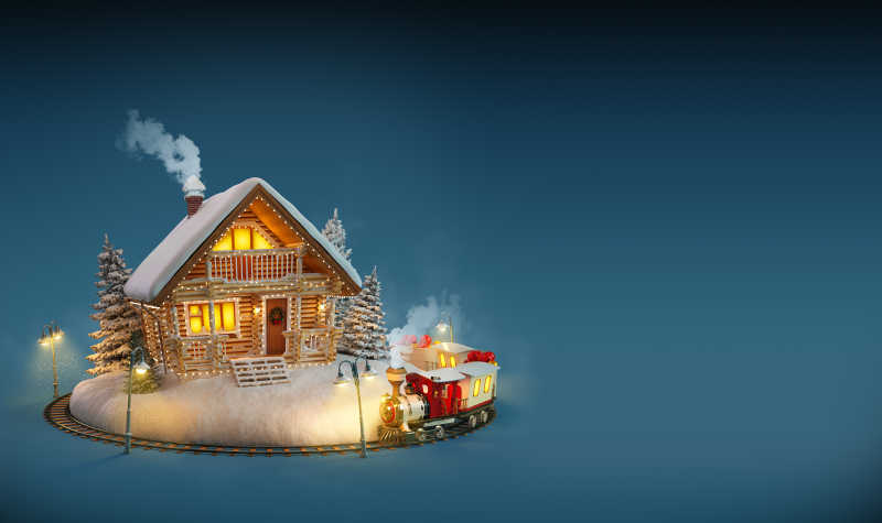 圣诞节卡通小房子和小火车
