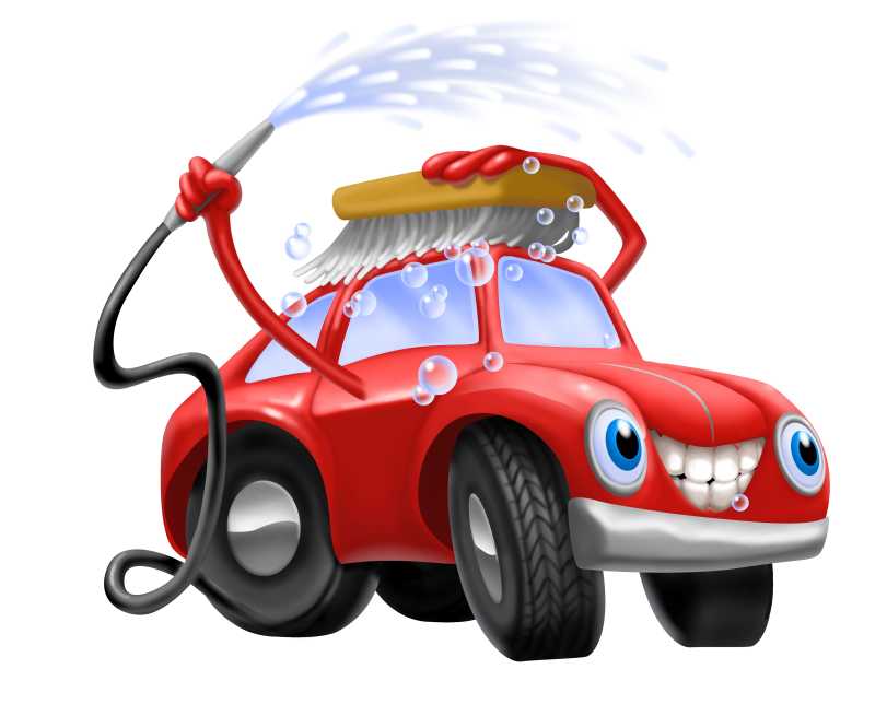 白色背景上红色动画版汽车演绎的自动洗车的概念