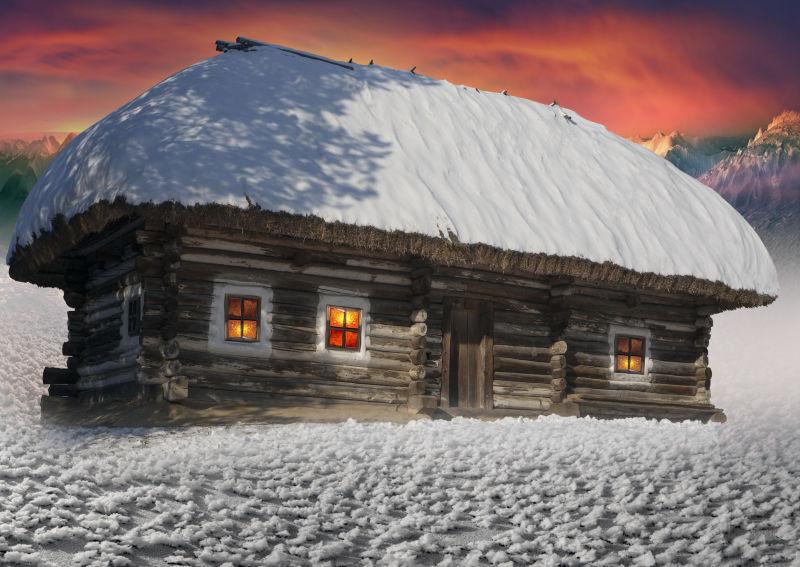 冬天高山上的小房子