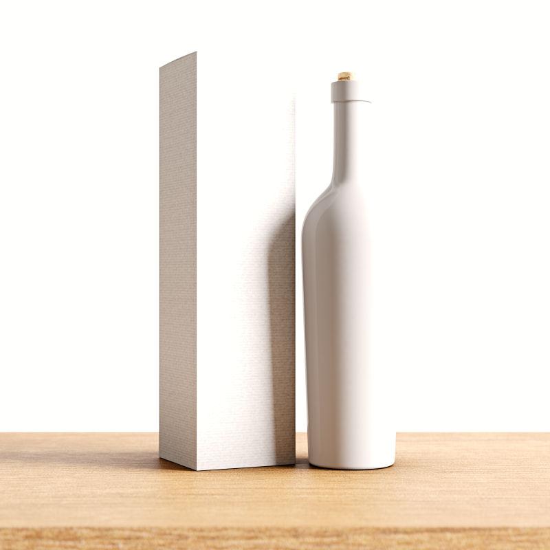 白色背景下一个不透明的白色玻璃瓶在木桌上