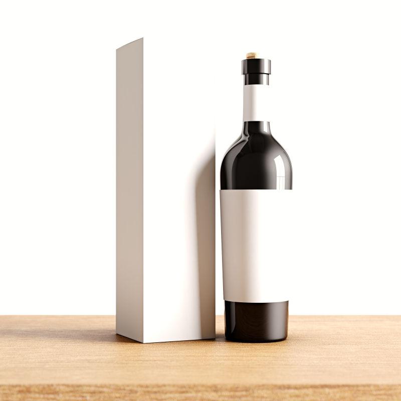 白色背景下不透明的酒瓶与包装盒在木桌上