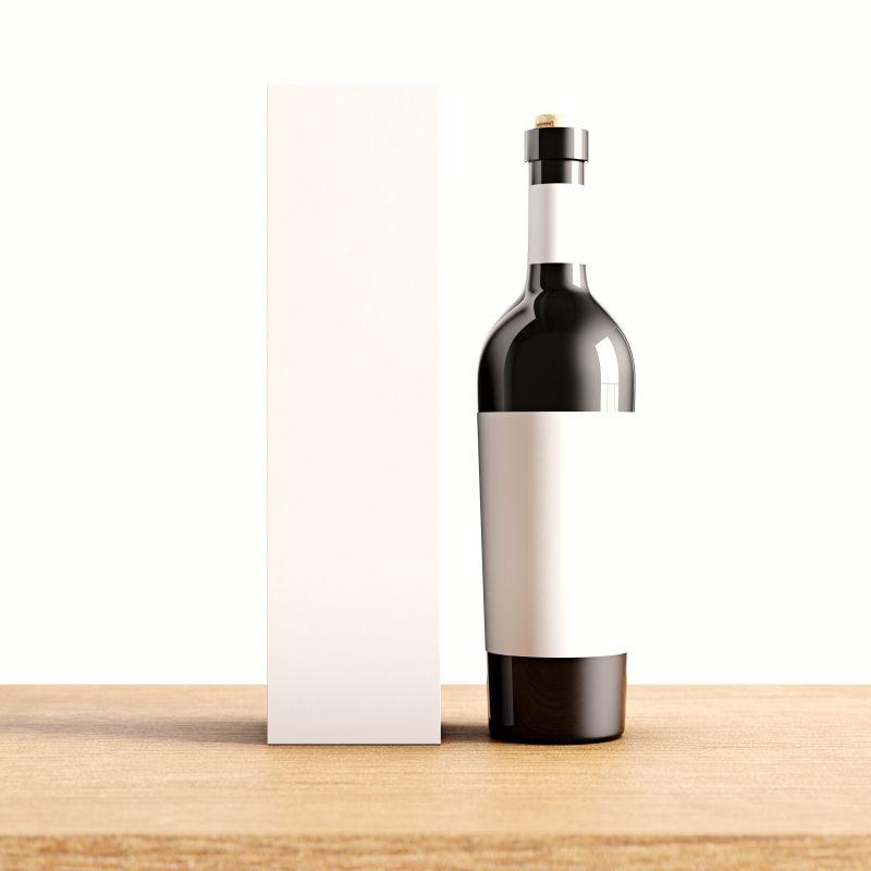 白色背景下一个不透明的黑色玻璃瓶在木桌上