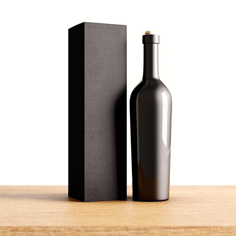 一个不透明的灰色玻璃瓶与黑色包装盒在木桌上
