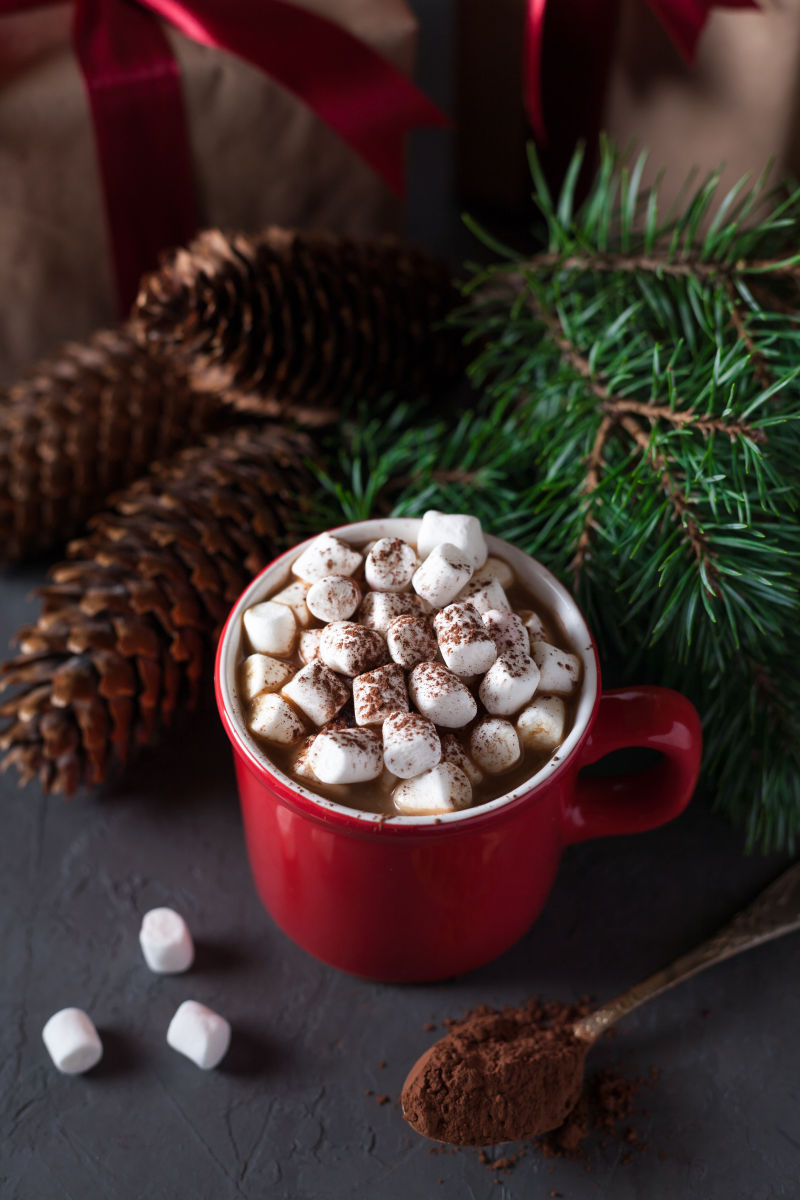 圣诞背景下的可可咖啡配棉花糖