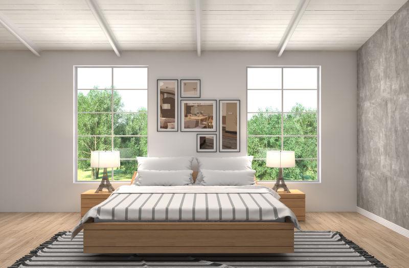 现代卧室里大床靠近窗户