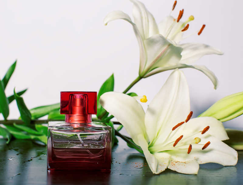 桌子上的红色香水和百合花