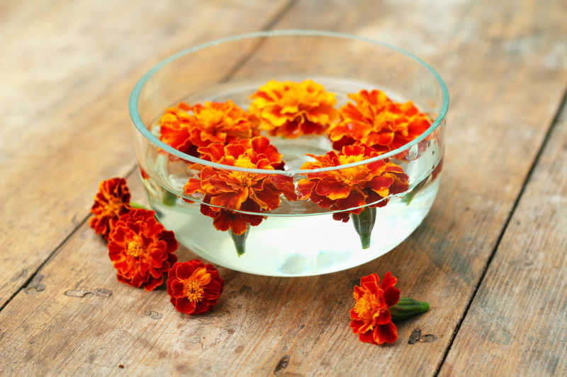 碗里的水和橘色花朵