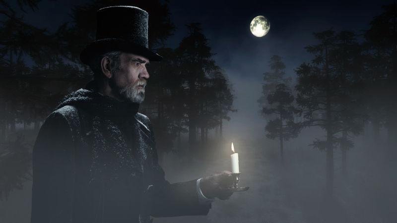 带着烛台在冬夜的森林里散步的老人