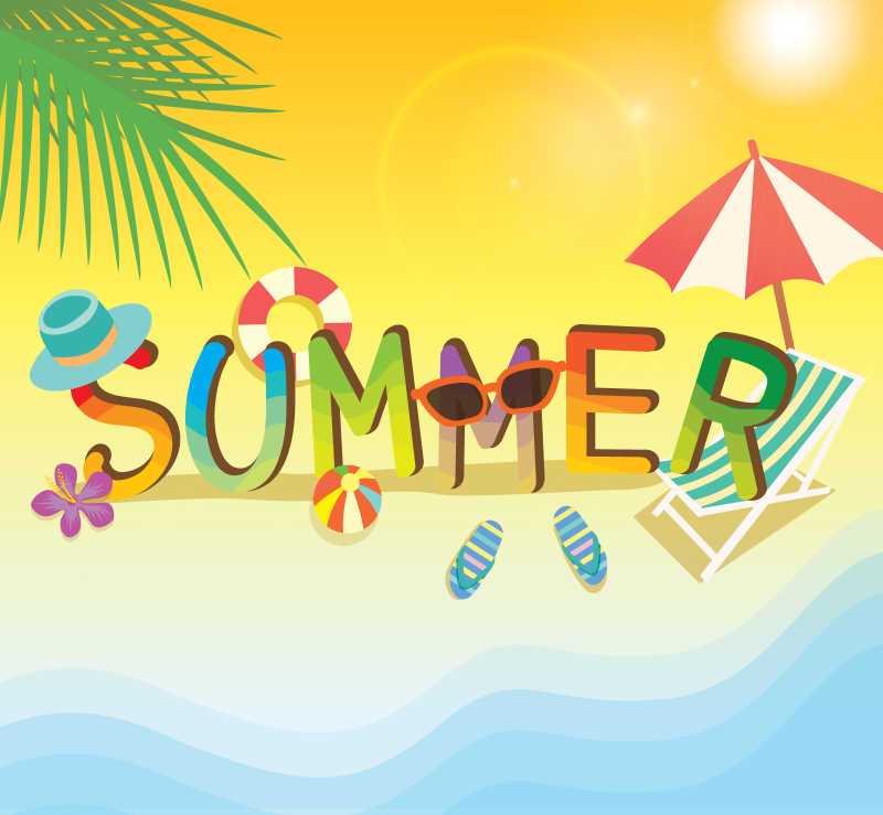 夏季创意字体与海滩背景矢量插图