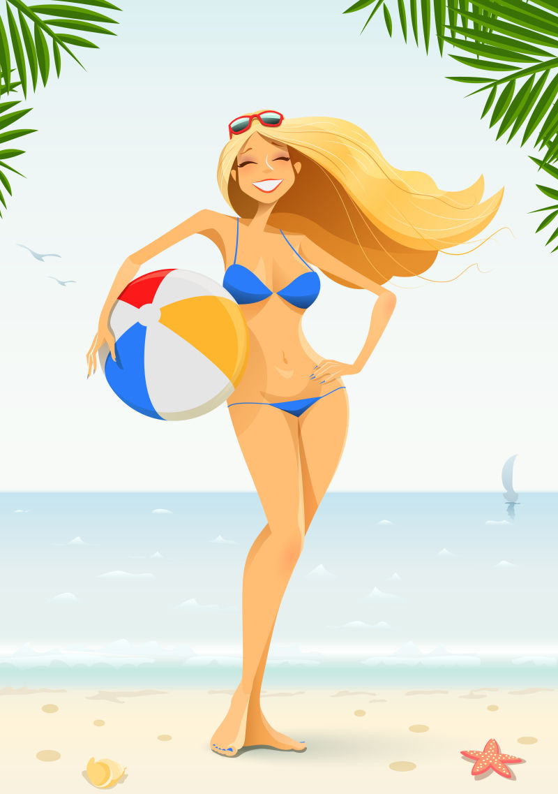 海滩上抱着排球的金发美女矢量卡通插画