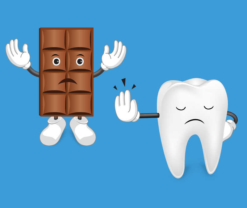拒绝巧克力的牙齿卡通形象矢量插画