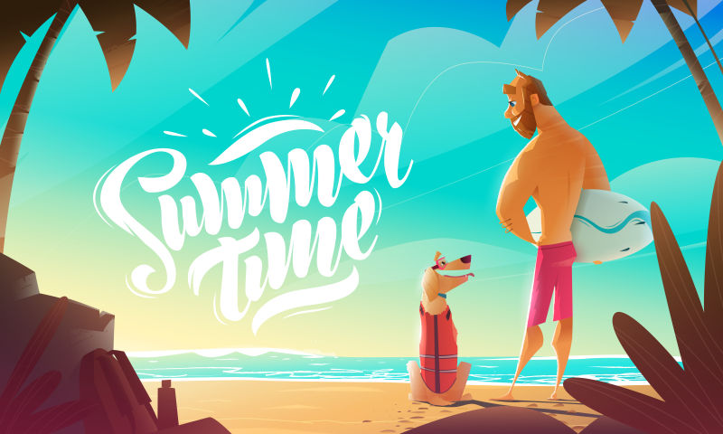 海滩上的人和狗矢量插画背景