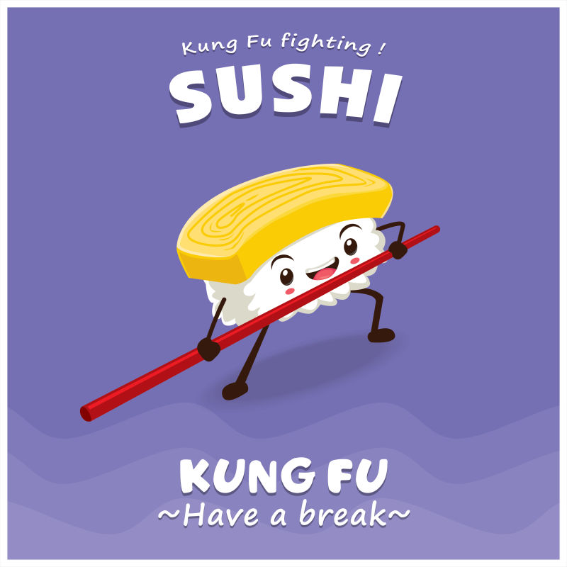 可爱的玩长棍的蛋卷寿司矢量海报设计
