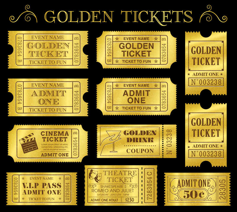 矢量黄金门票和优惠券模板
