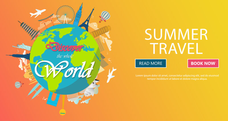 夏日旅游主题页面矢量设计模板